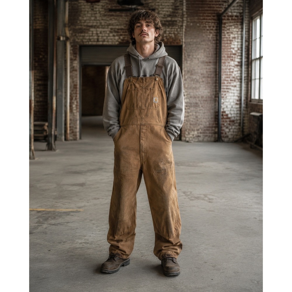 Carhartt Mens Brown Duck Canvas Double Knee Bib Overalls Grunge Distressed 38x30
